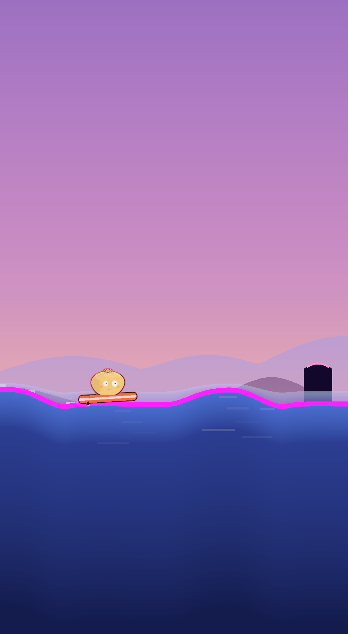 Surfora gameplay: BAO floats on a calm magenta glowing tideline at dusk while a dark swell rises on the horizon.