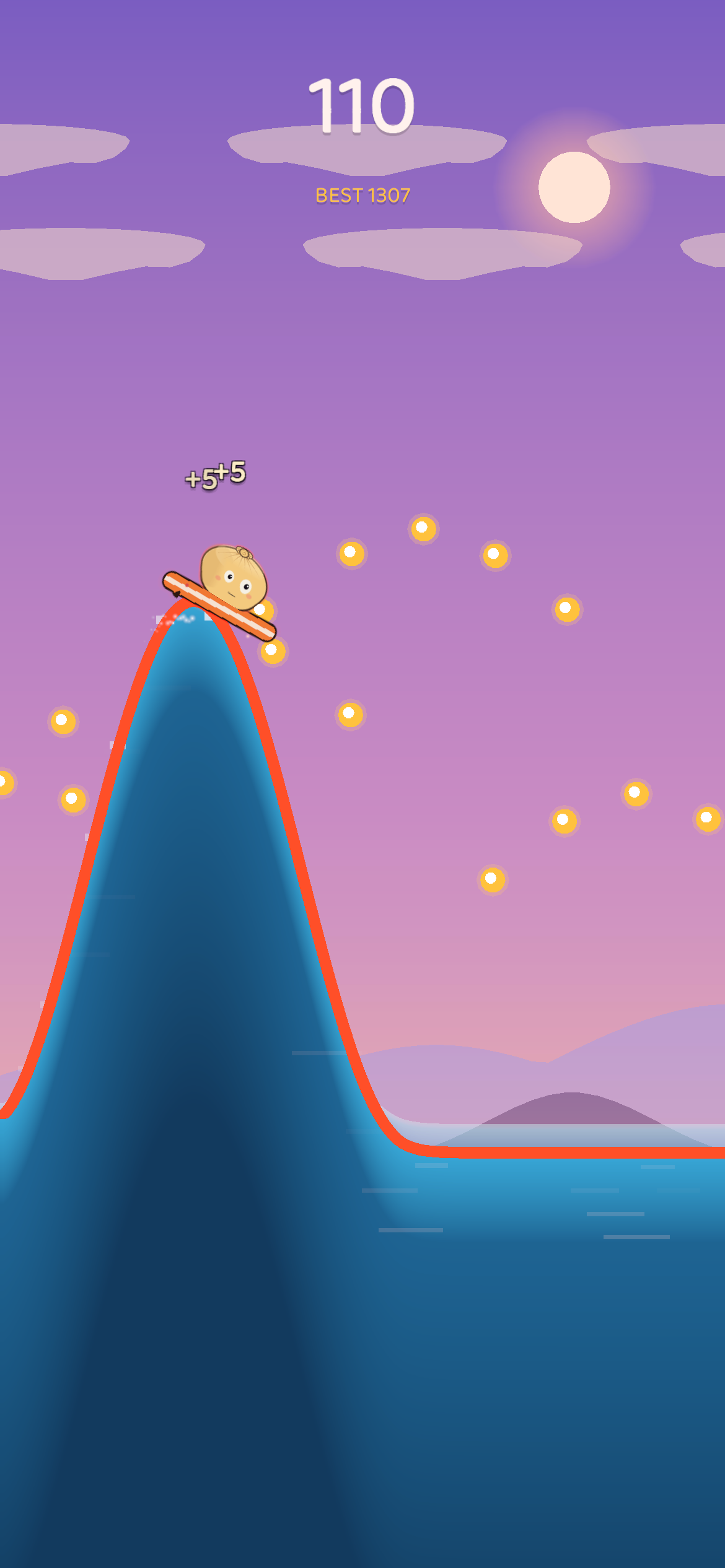 Surfora gameplay: BAO the steamed bun crests a tall wave outlined by a glowing orange tideline while a trail of gold coins arcs through a lilac sky.